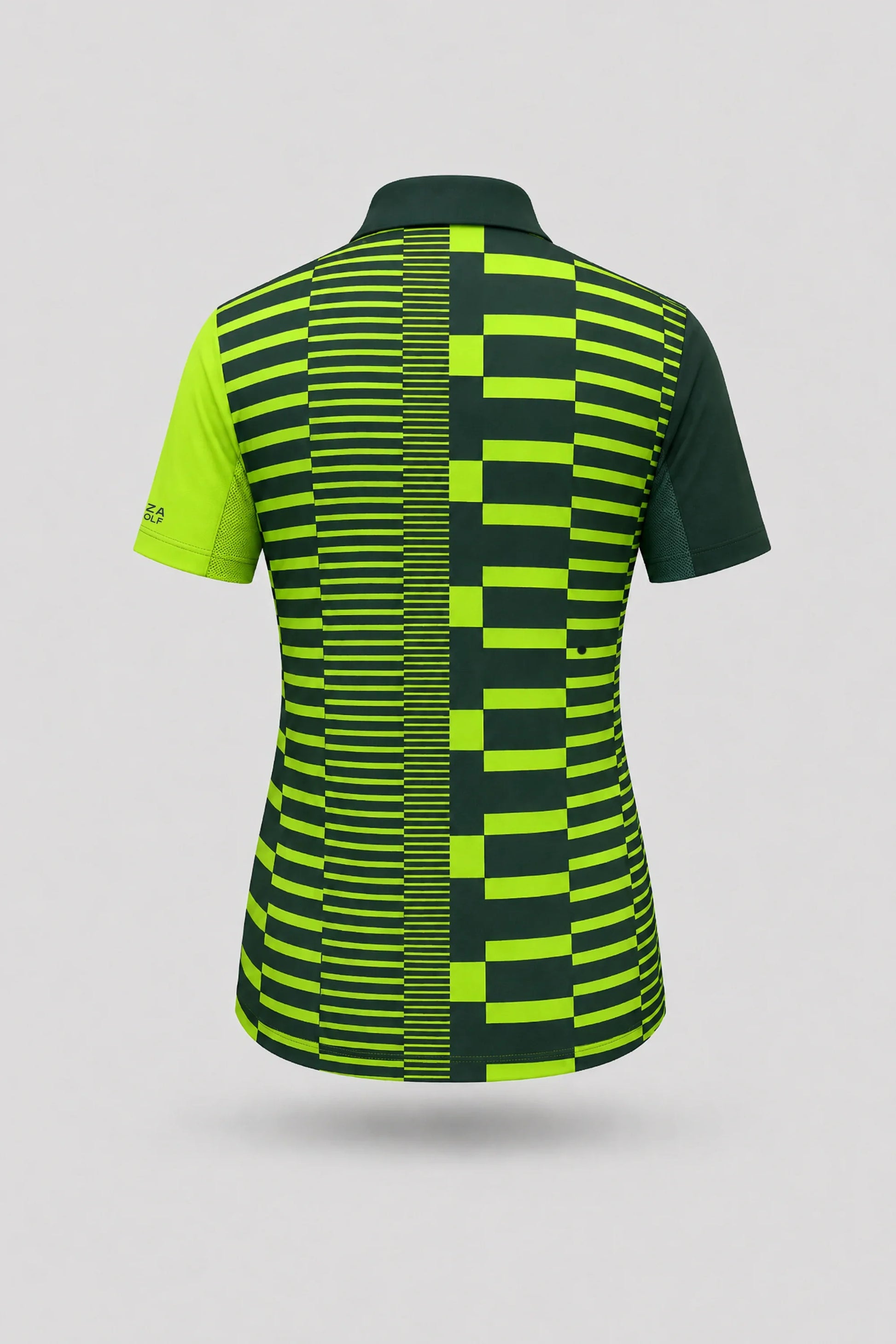 Back view of women's patterned golf polo featuring Circuit Stripe design and stretch performance fabric