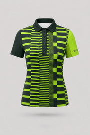 Women's patterned golf polo in Circuit Stripe design with tailored fit and breathable mesh sleeve panels