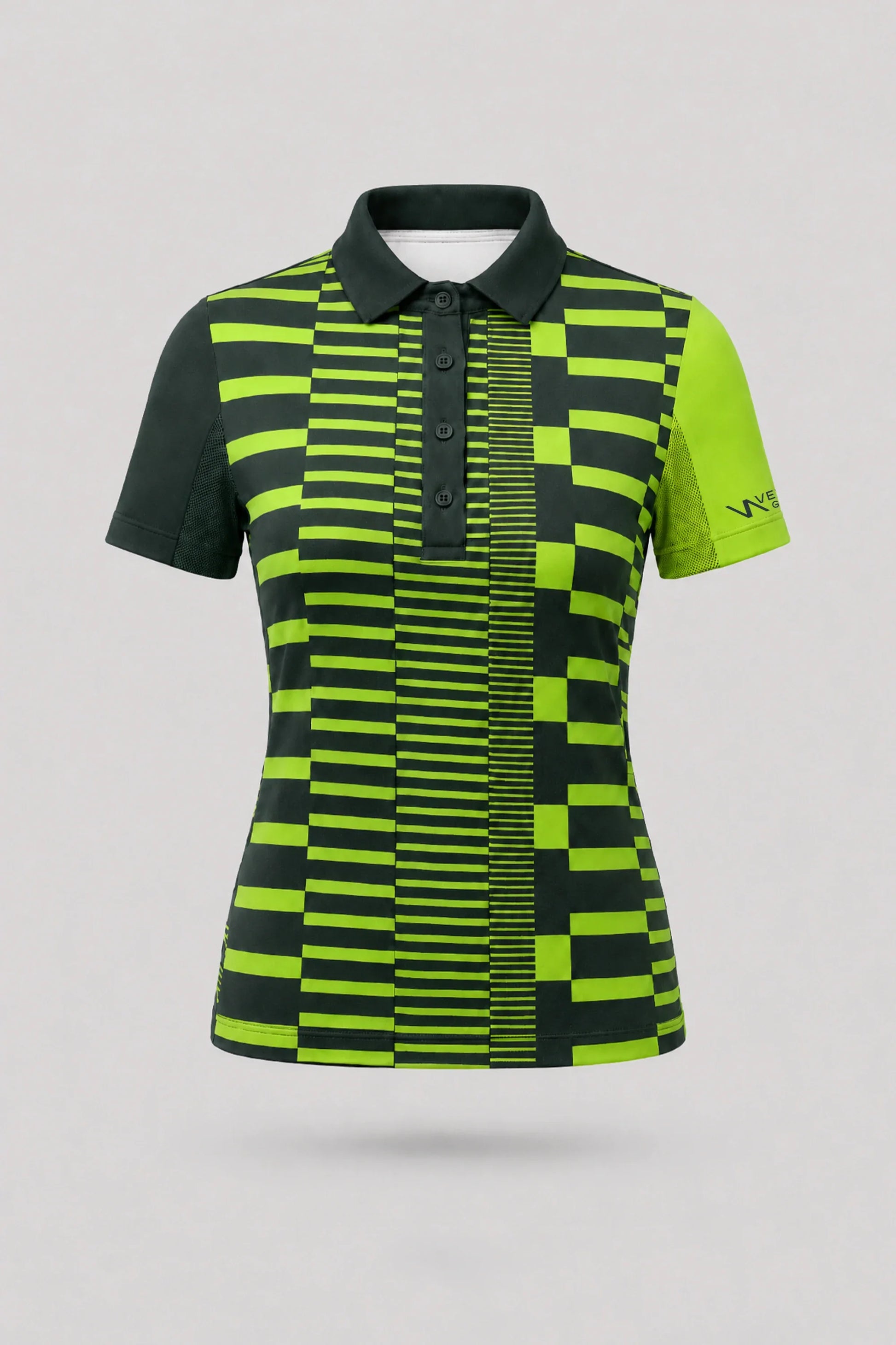 Women's patterned golf polo in Circuit Stripe design with tailored fit and breathable mesh sleeve panels