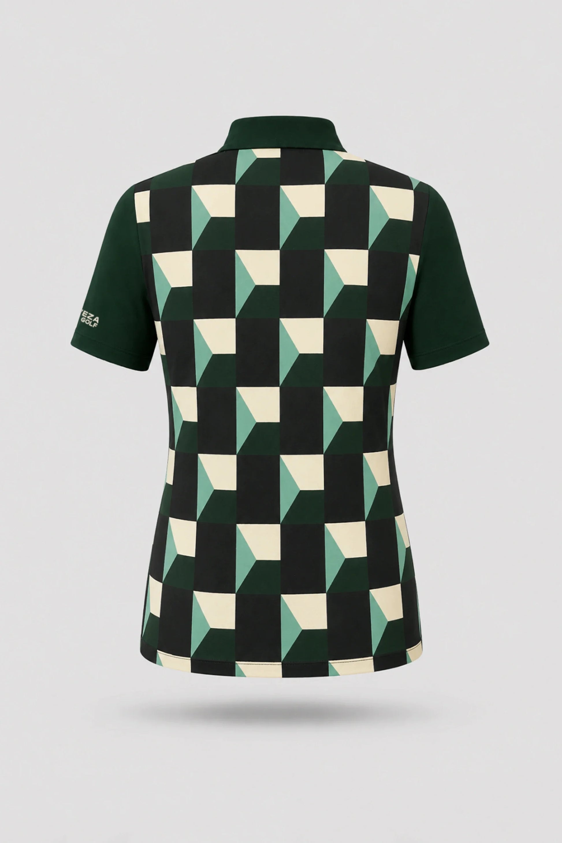 Back view of women's patterned golf polo featuring Club Geo design and stretch performance fabric