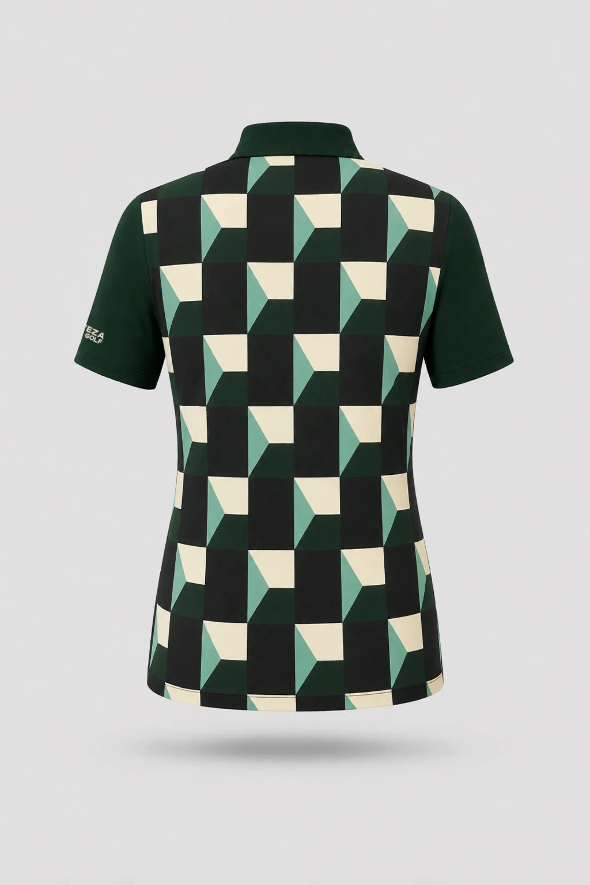 Back view of women's patterned golf polo featuring Club Geo design and stretch performance fabric