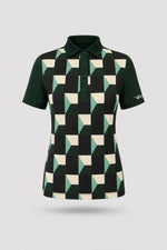 Women's patterned golf polo in Club Geo design with tailored fit and breathable mesh sleeve panels