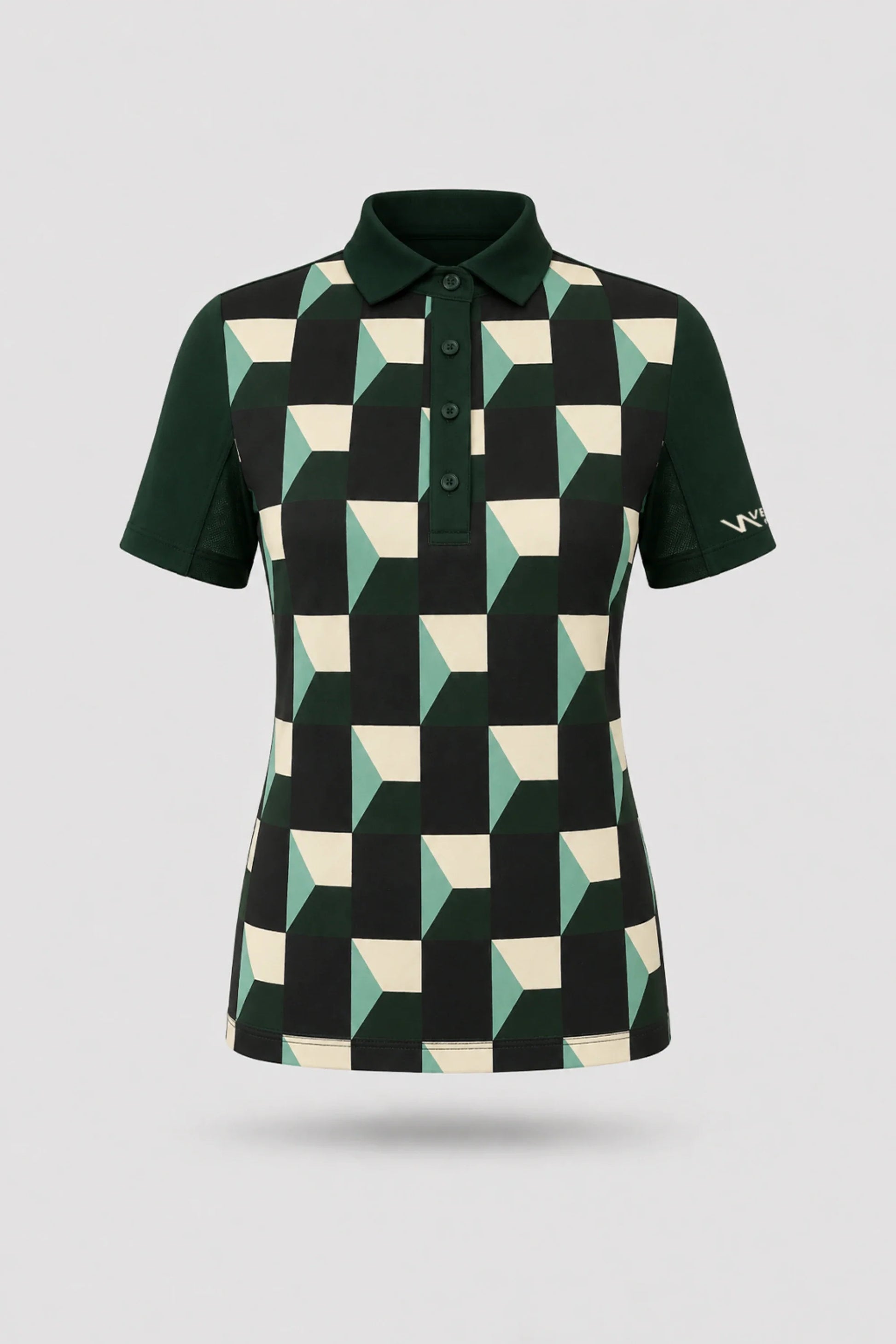 Women's patterned golf polo in Club Geo design with tailored fit and breathable mesh sleeve panels