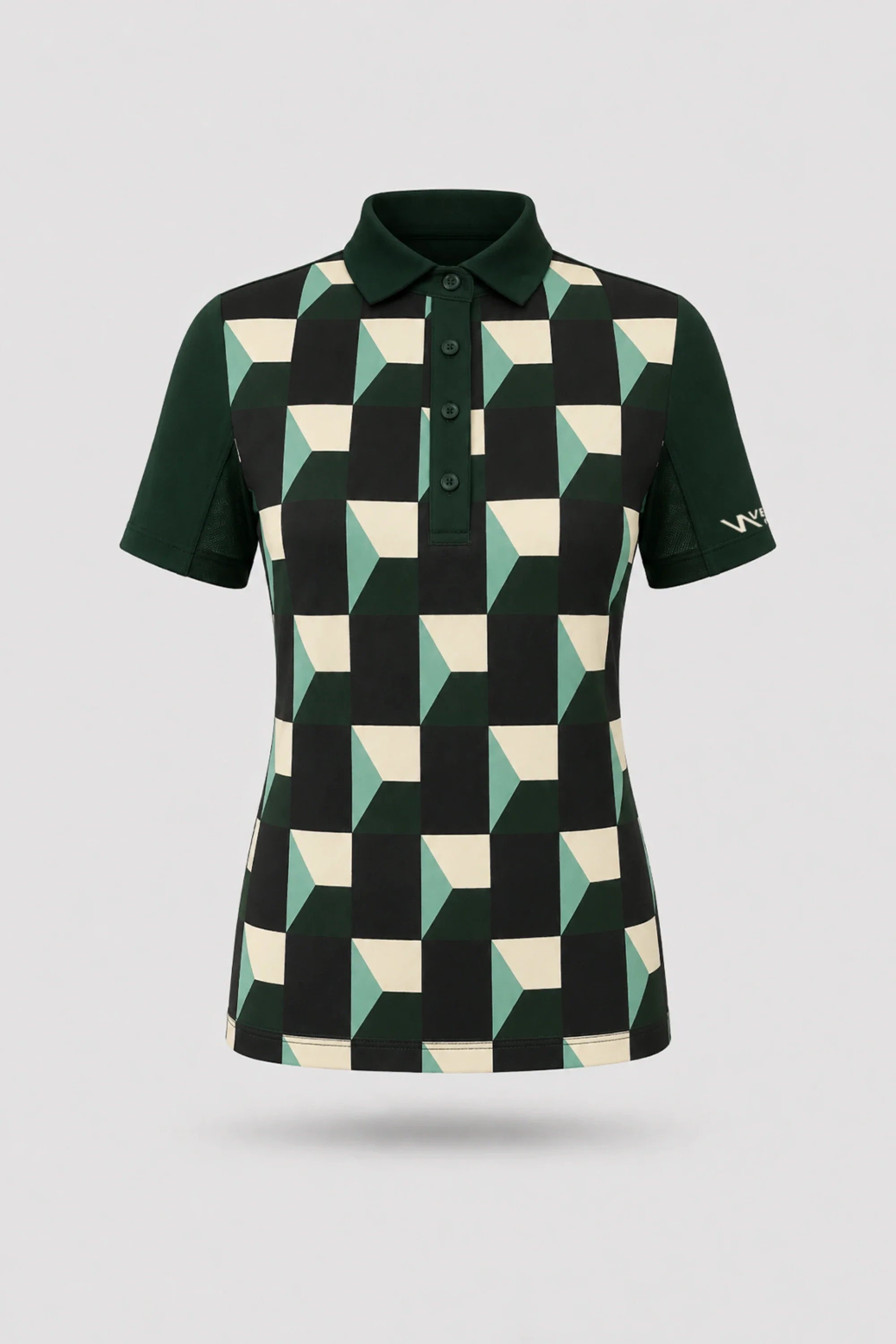 Women's patterned golf polo in Club Geo design with tailored fit and breathable mesh sleeve panels