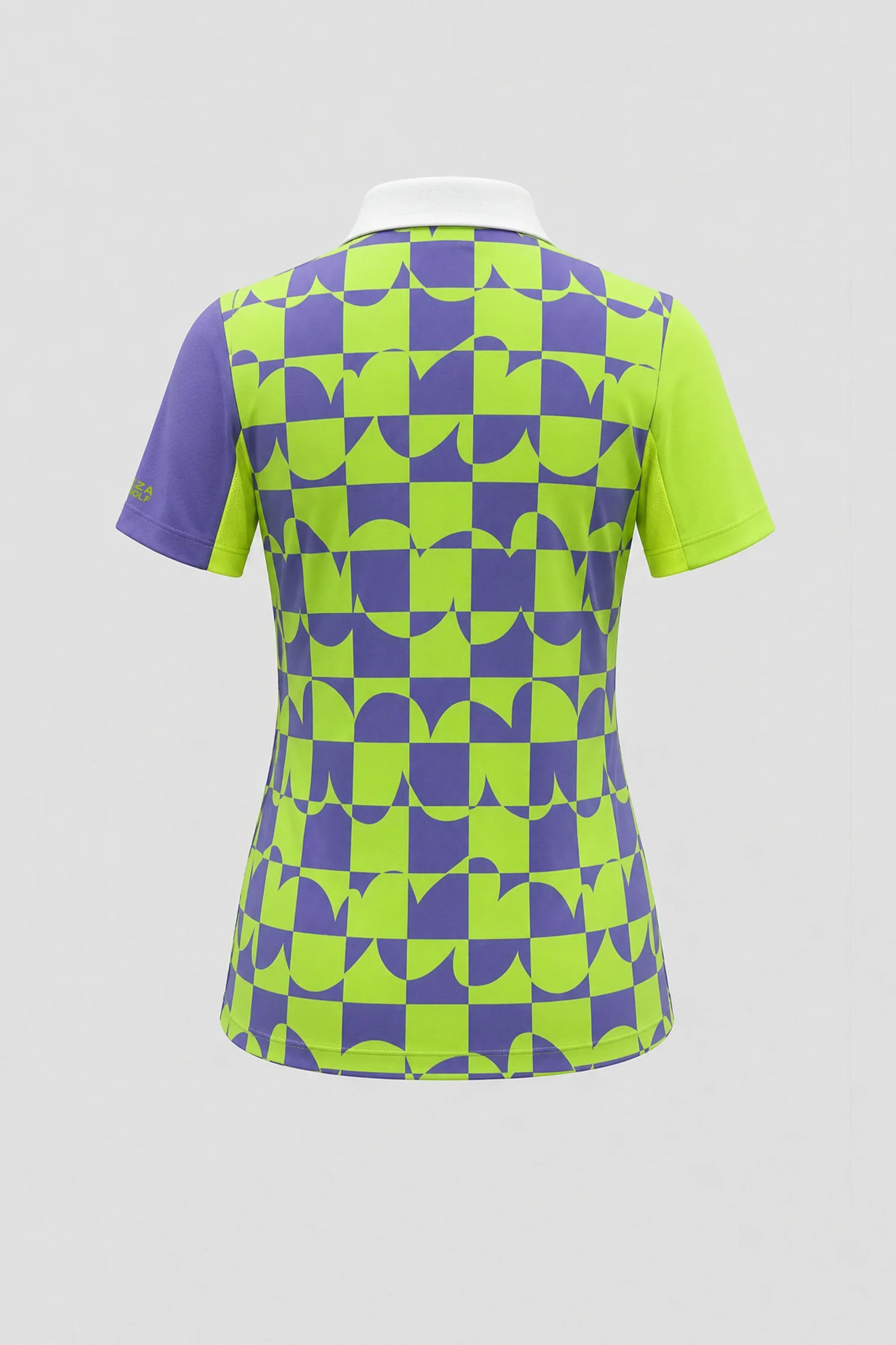 Back view of women's patterned golf polo featuring Paradox Geo design and stretch performance fabric