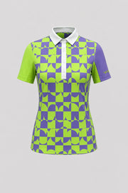 Women's patterned golf polo in Paradox Geo design with tailored fit and breathable mesh sleeve panels