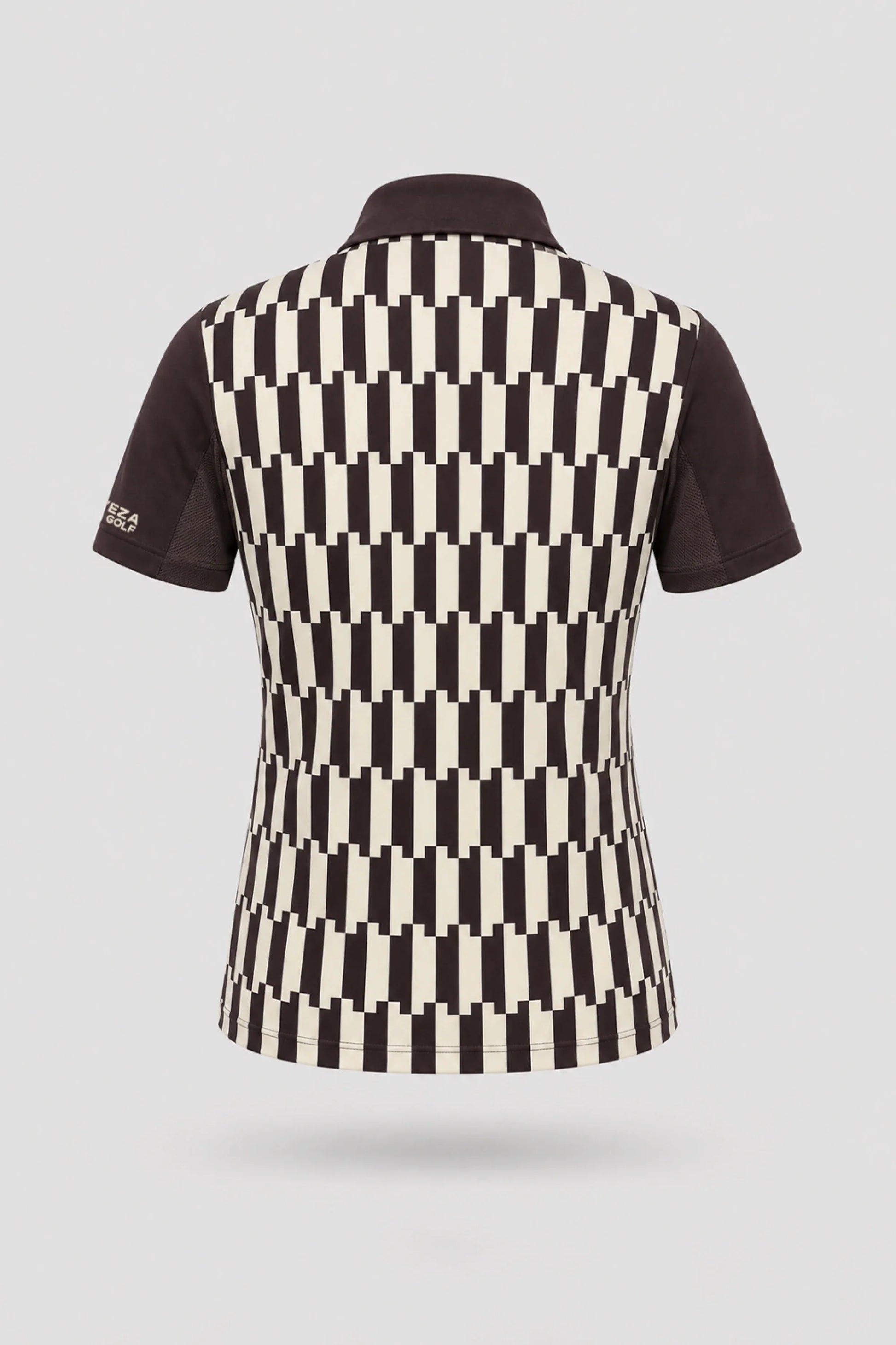 Back view of women's patterned golf polo featuring Verona Print design and stretch performance fabric