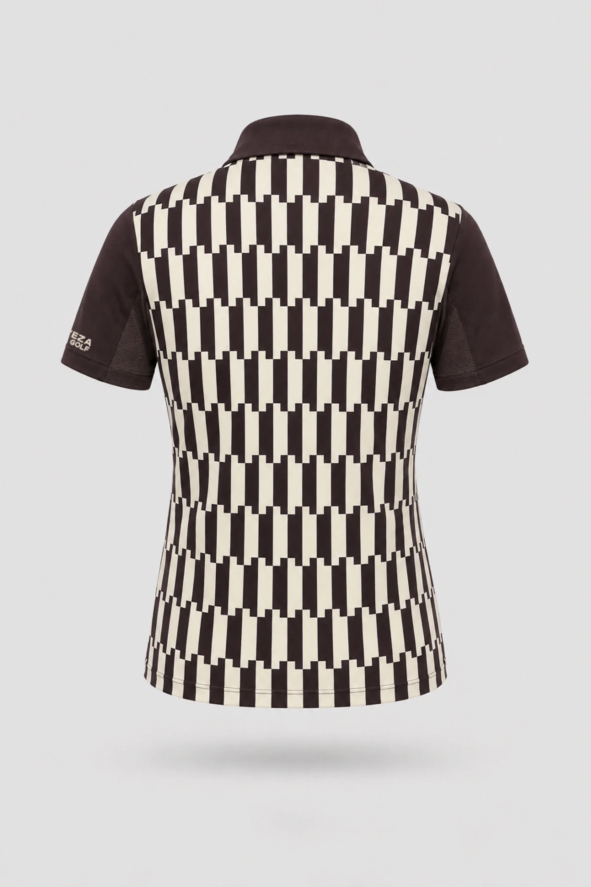 Back view of women's patterned golf polo featuring Verona Print design and stretch performance fabric
