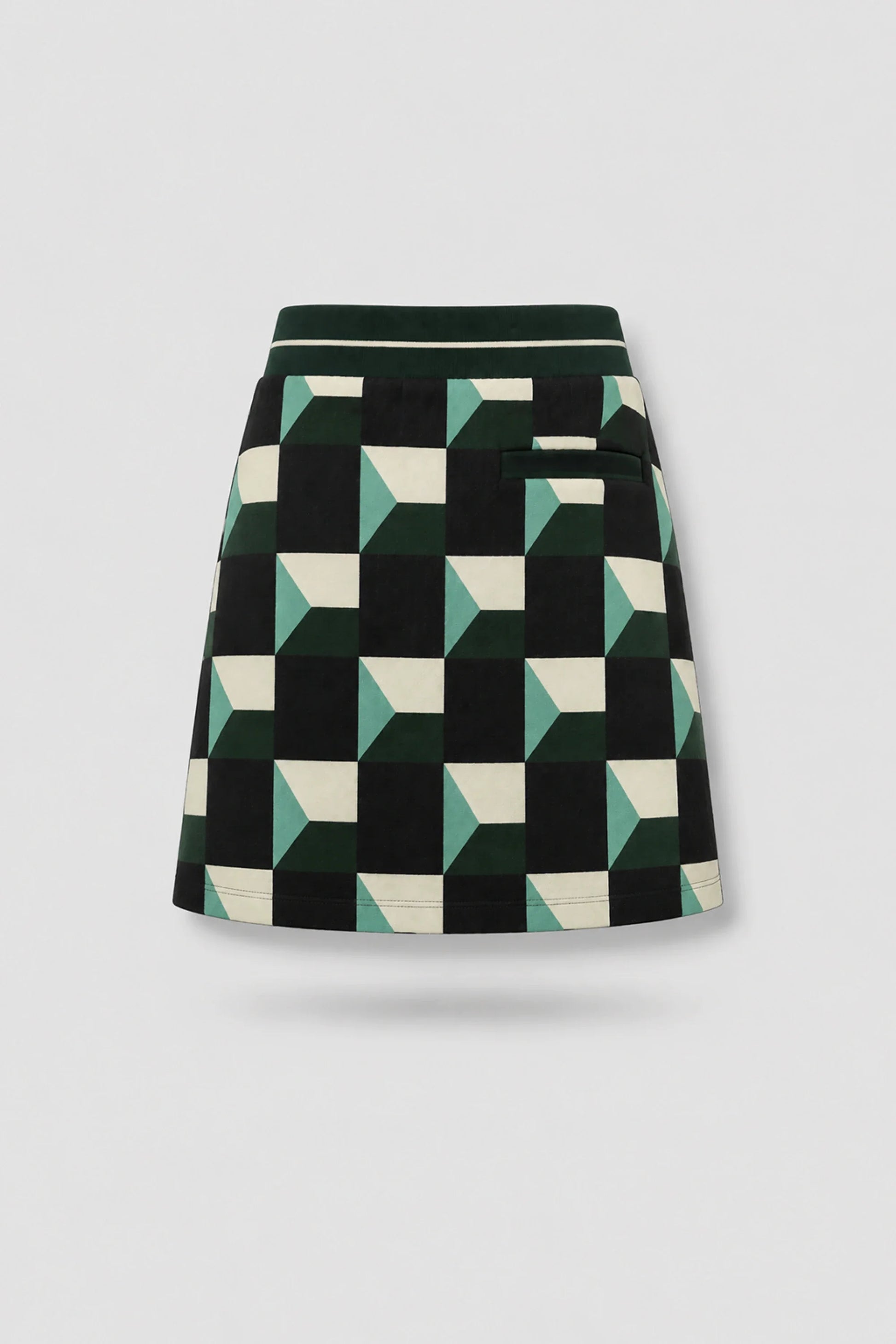 Back view of women's patterned golf skort featuring Club Geo design and lightweight stretch performance fabric