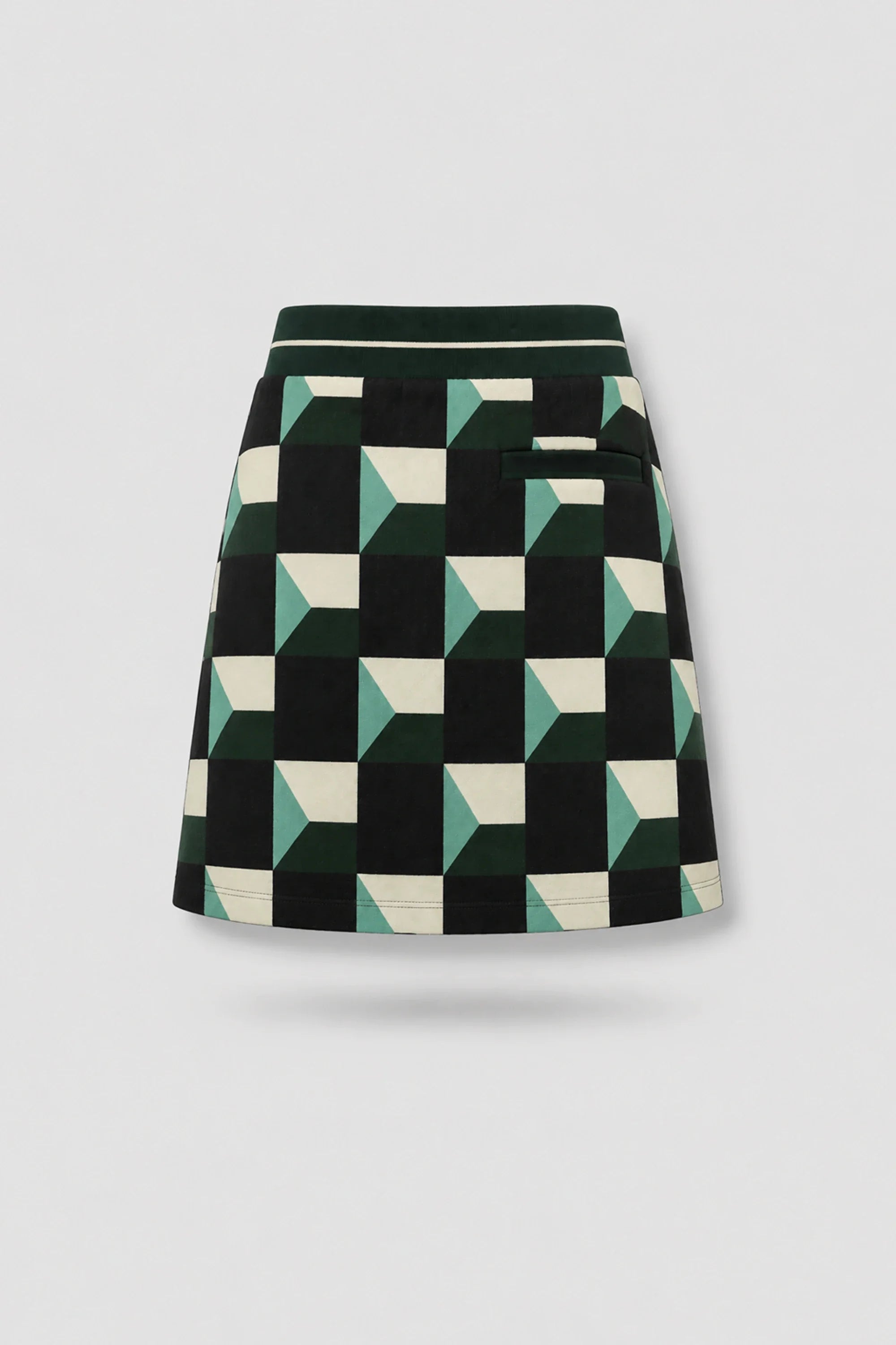 Back view of women's patterned golf skort featuring Club Geo design and lightweight stretch performance fabric
