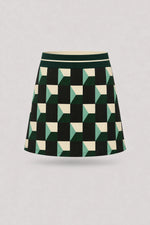 Women's patterned golf skort in Club Geo design with A-line silhouette and comfortable wide waistband