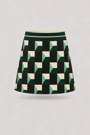 Women's patterned golf skort in Club Geo design with A-line silhouette and comfortable wide waistband