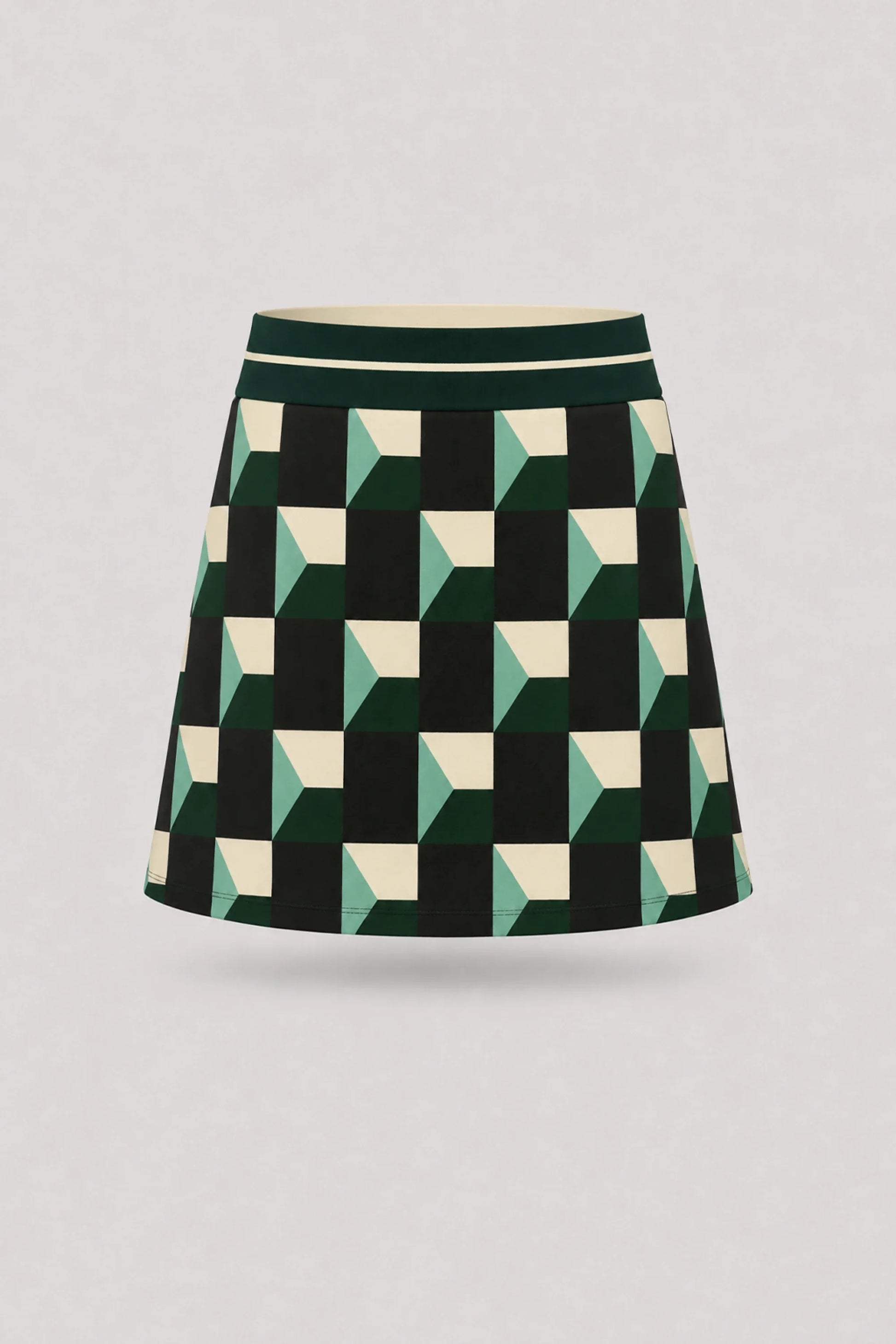Women's patterned golf skort in Club Geo design with A-line silhouette and comfortable wide waistband