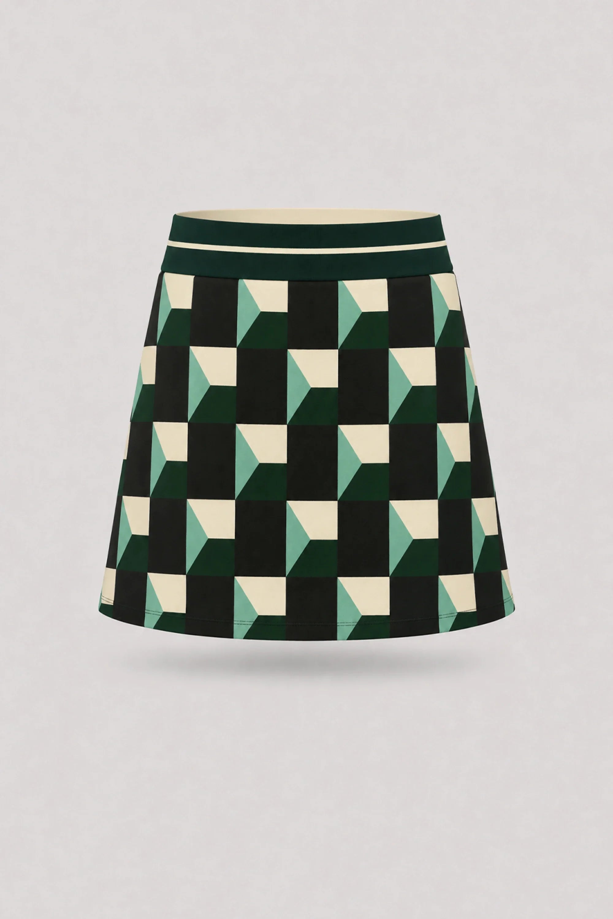 Women's patterned golf skort in Club Geo design with A-line silhouette and comfortable wide waistband