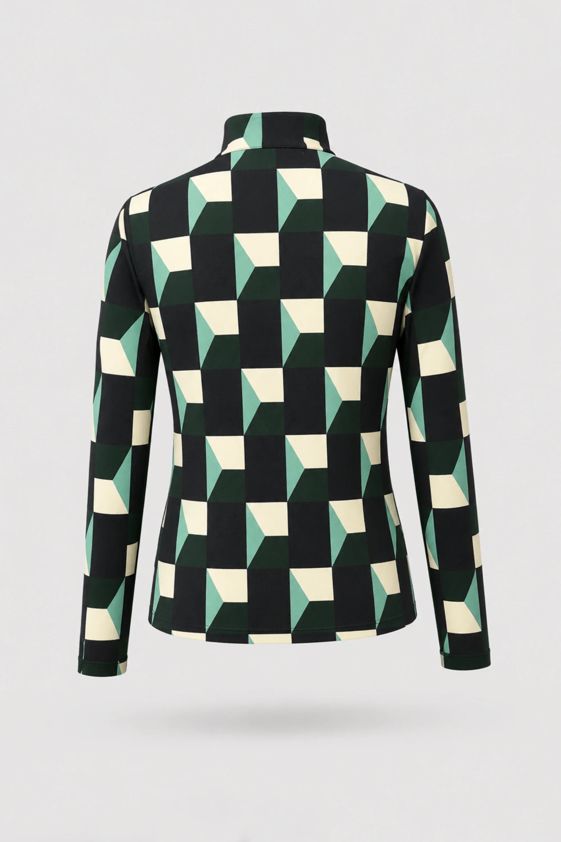 Back view of women's patterned long sleeve golf top featuring Club Geo design and stretch performance fabric