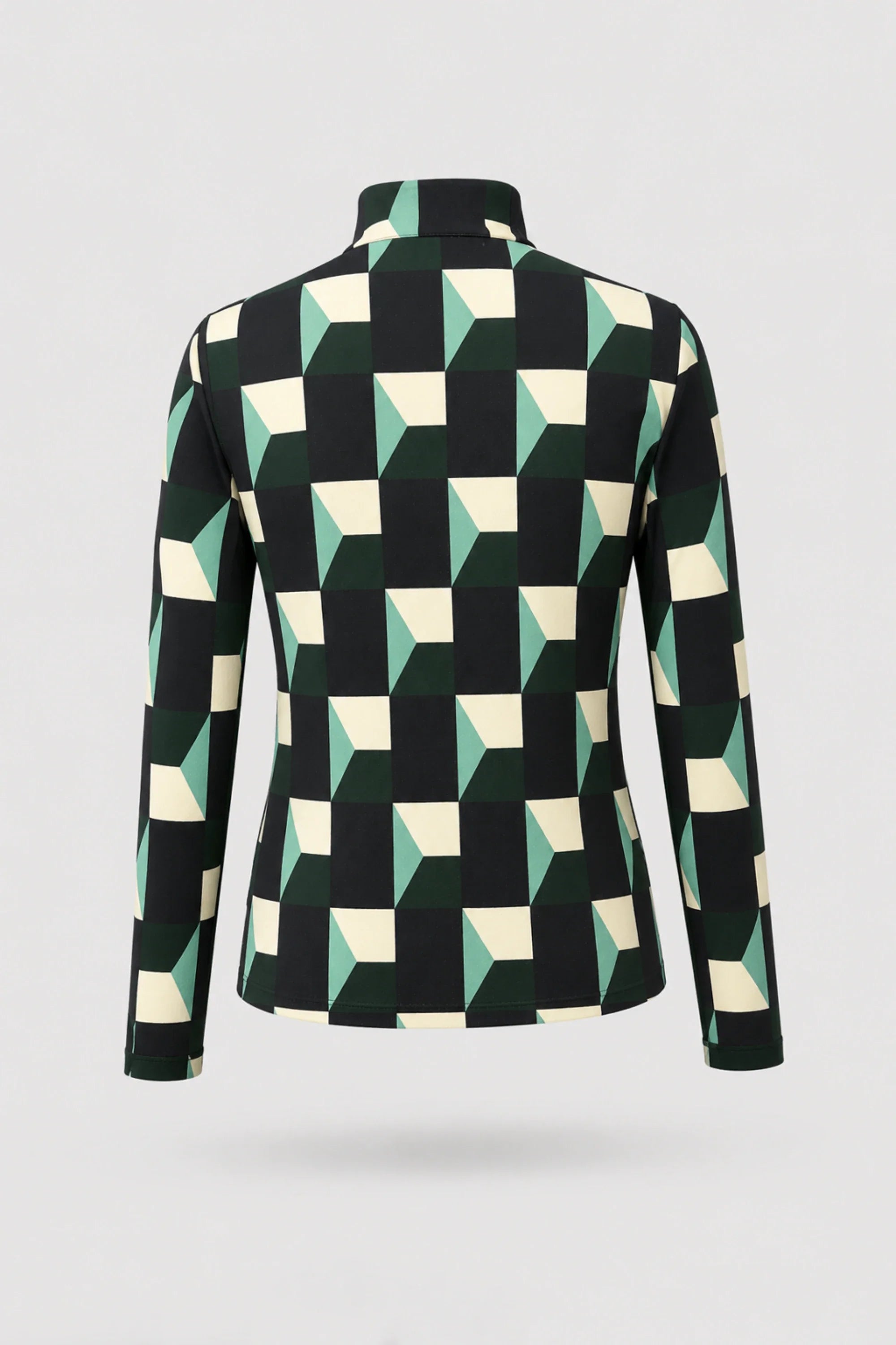 Back view of women's patterned long sleeve golf top featuring Club Geo design and stretch performance fabric