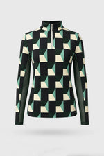 Women's patterned long sleeve golf top in Club Geo design with quarter-zip collar and breathable mesh sleeve panels