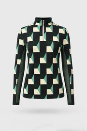 Women's patterned long sleeve golf top in Club Geo design with quarter-zip collar and breathable mesh sleeve panels