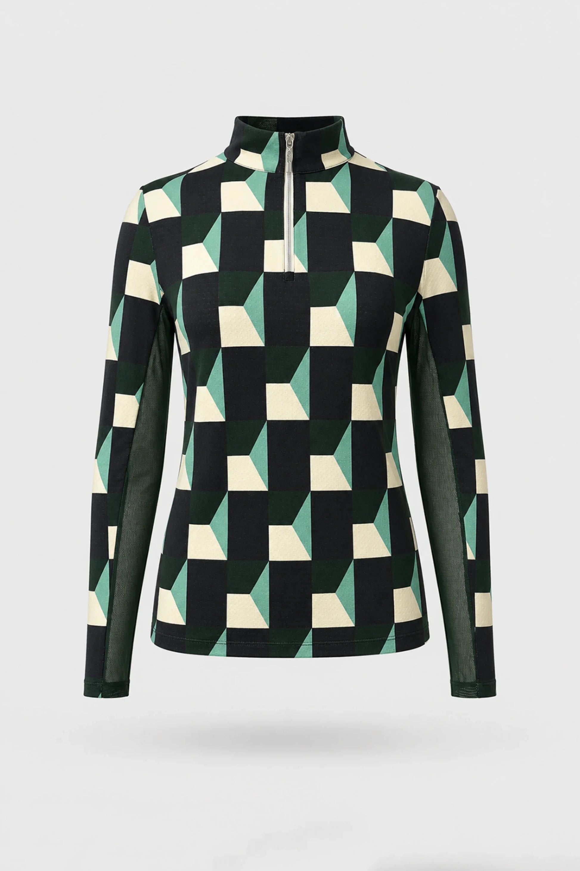 Women's patterned long sleeve golf top in Club Geo design with quarter-zip collar and breathable mesh sleeve panels