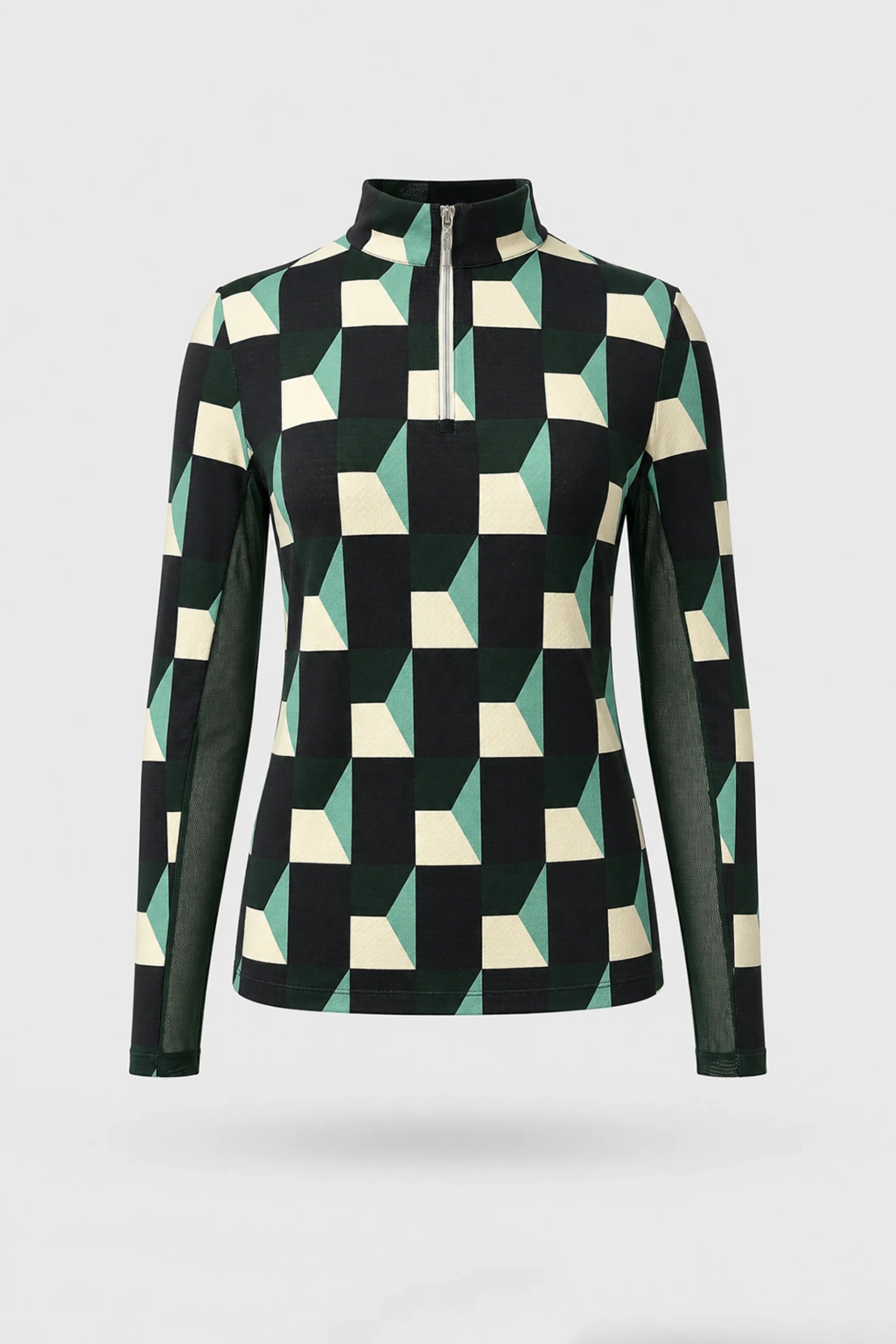 Women's patterned long sleeve golf top in Club Geo design with quarter-zip collar and breathable mesh sleeve panels