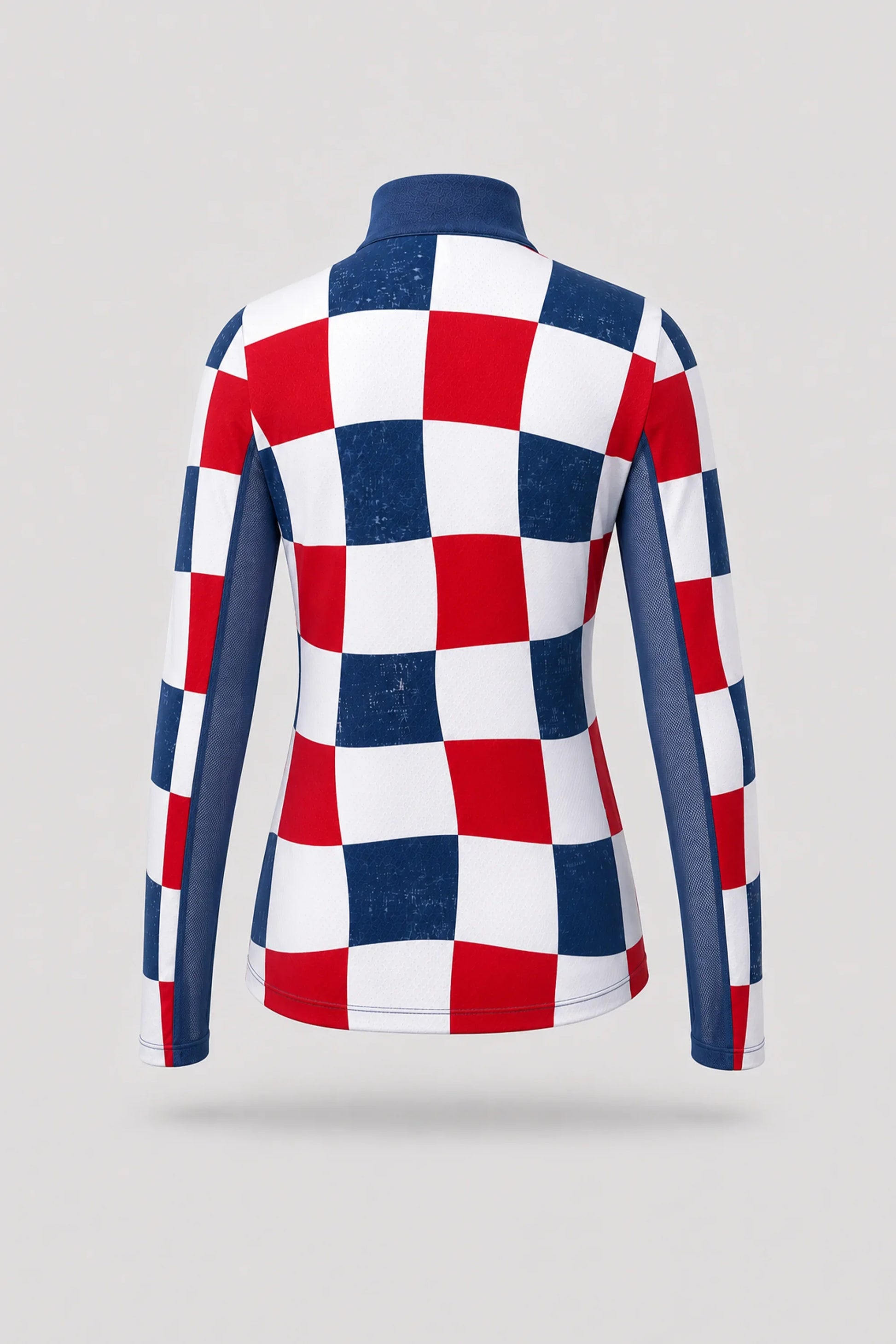 Back view of women's patterned long sleeve golf top featuring Liberty Check print and stretch performance fabric