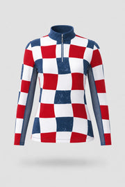 Women's patterned long sleeve golf top in Liberty Check print with quarter-zip collar and breathable mesh sleeve panels
