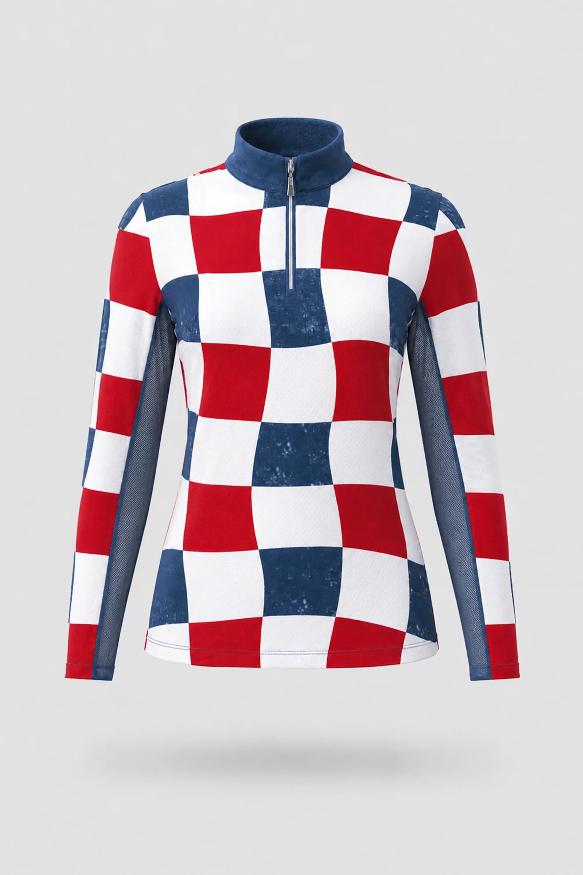 Women's patterned long sleeve golf top in Liberty Check print with quarter-zip collar and breathable mesh sleeve panels