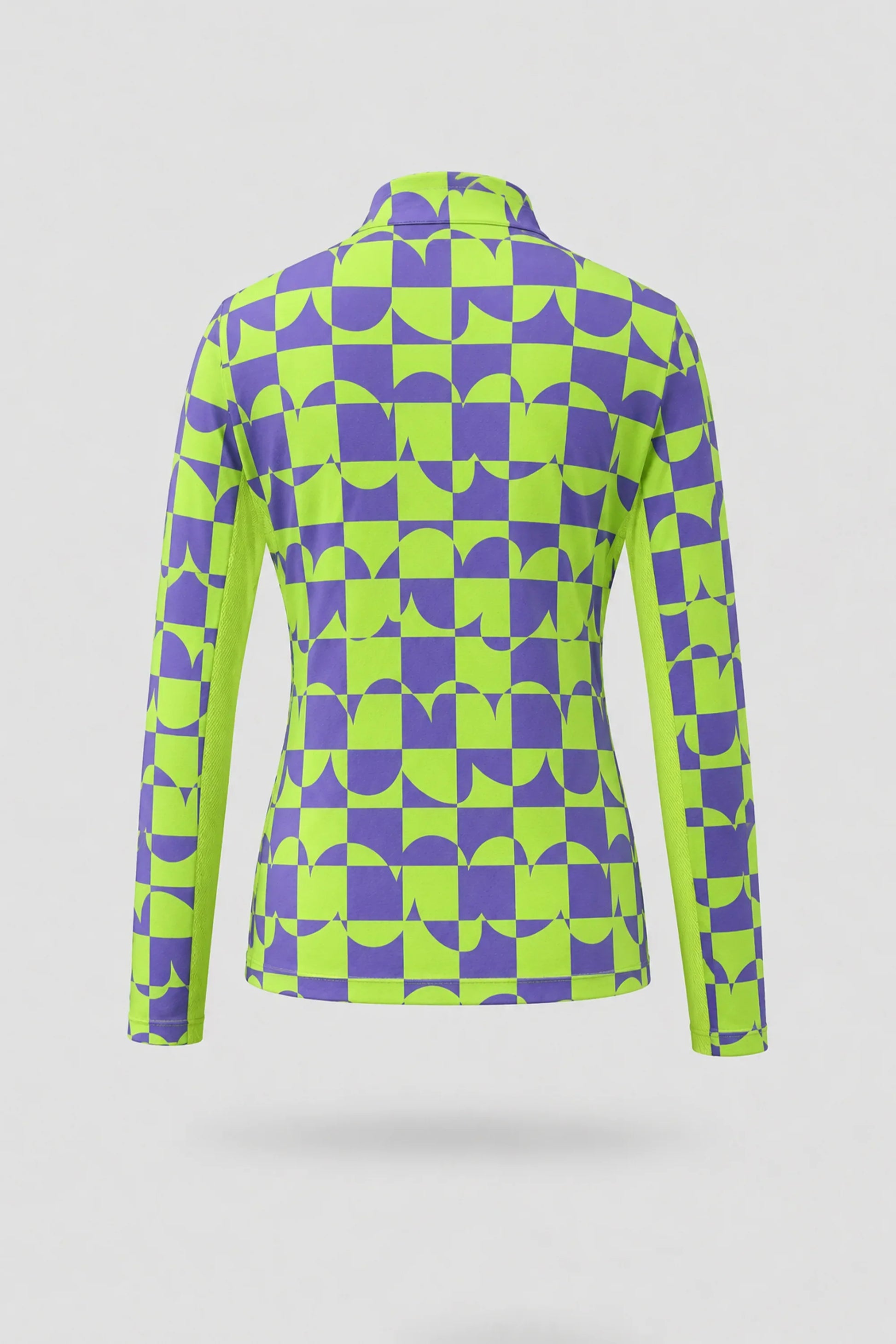 Back view of women's patterned golf top with Paradox Geo design and breathable mesh sleeve panels