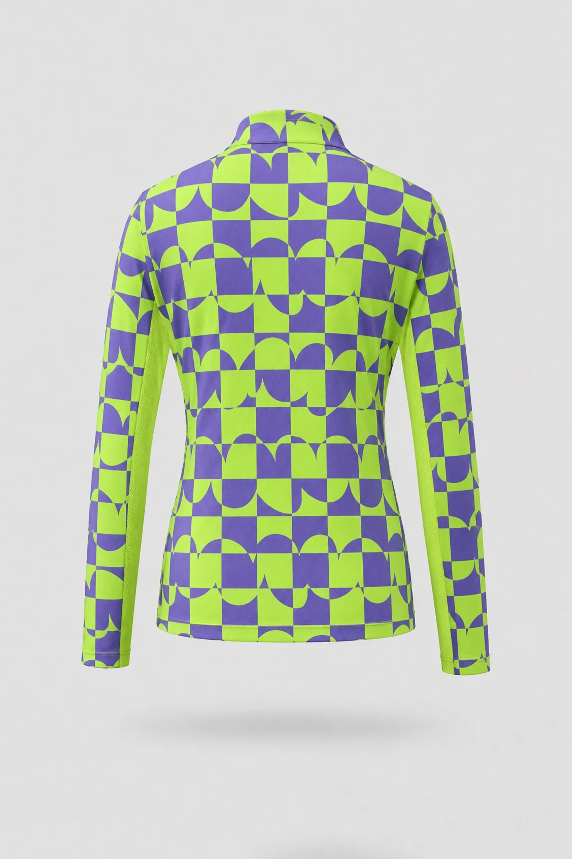 Back view of women's patterned golf top with Paradox Geo design and breathable mesh sleeve panels