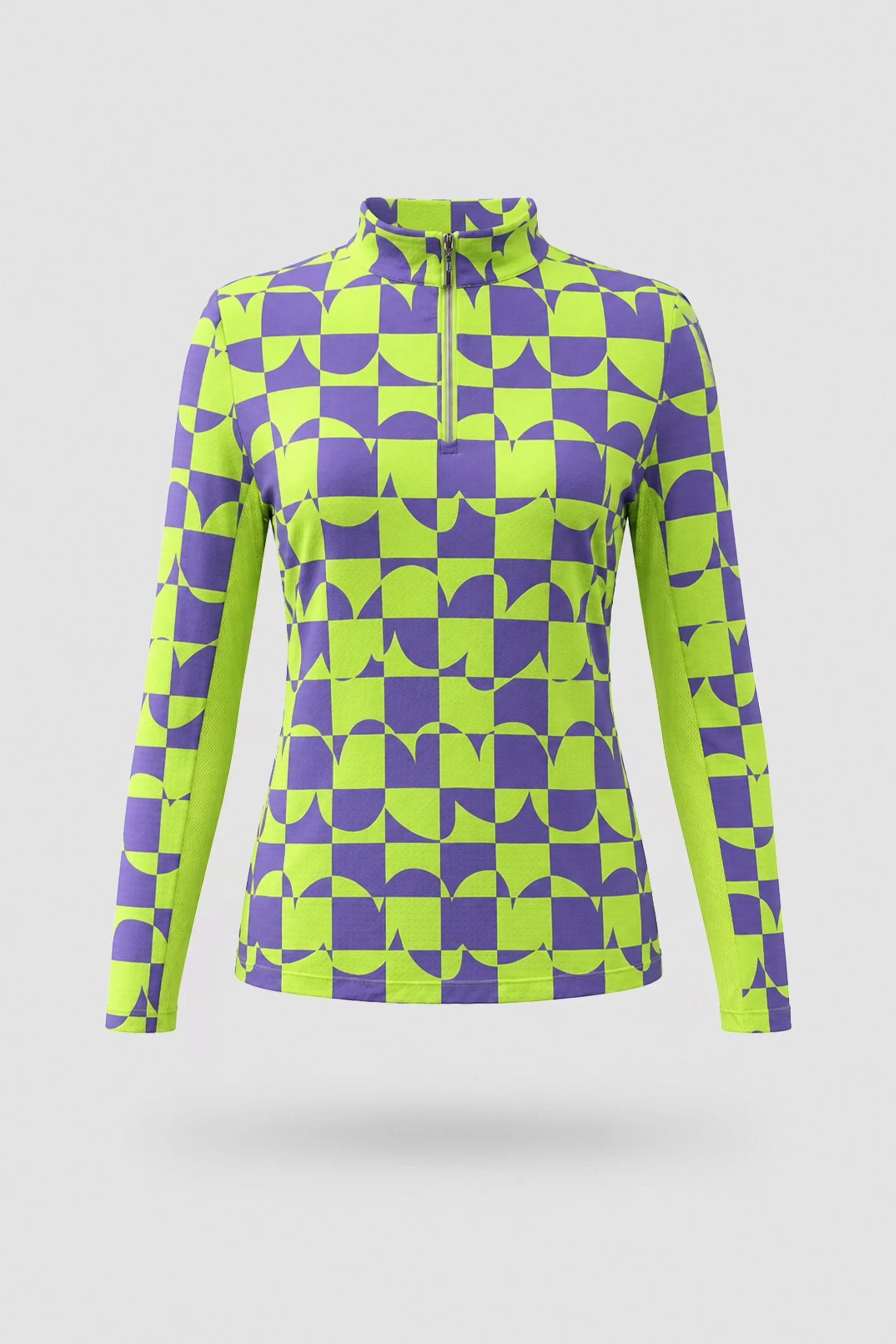 Women's geometric patterned long sleeve golf top in Paradox Geo design with zip neck and athletic fit