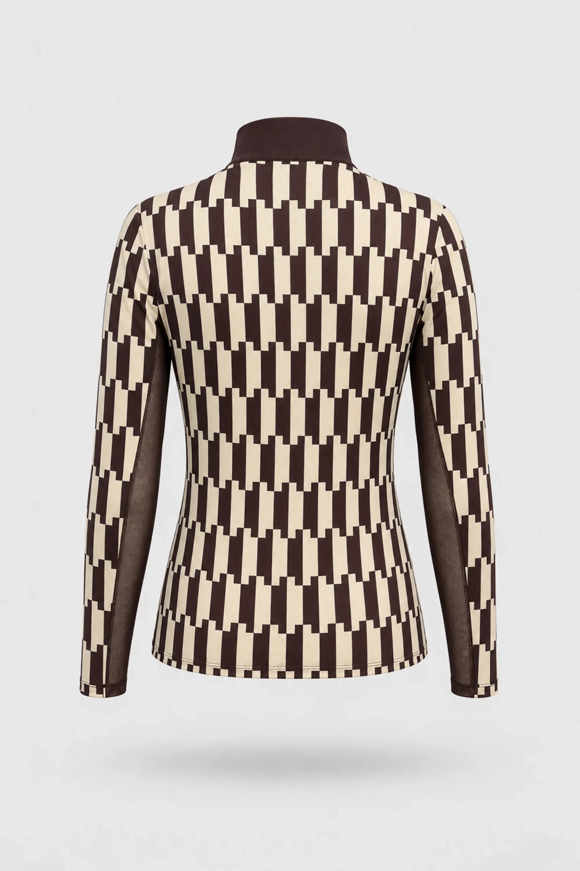 Back view of women's patterned long sleeve golf top featuring Verona Print design and stretch performance fabric