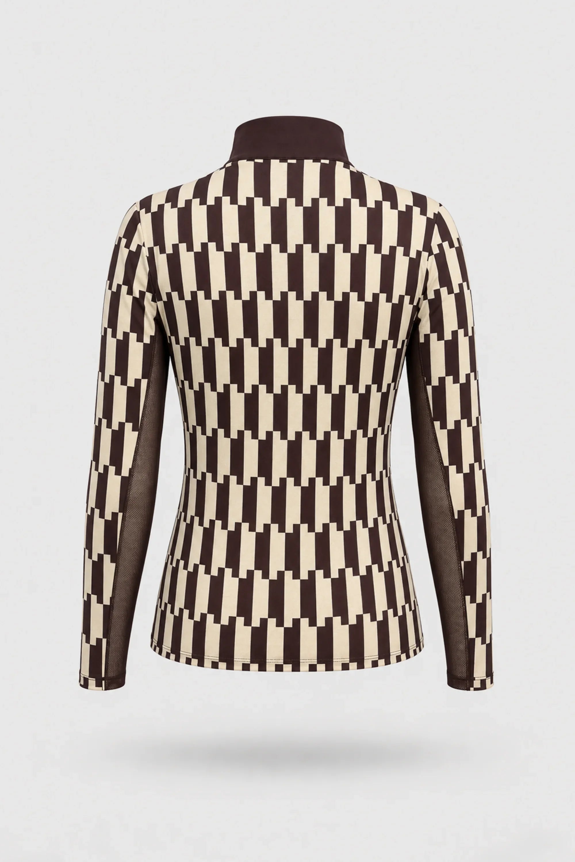 Back view of women's patterned long sleeve golf top featuring Verona Print design and stretch performance fabric
