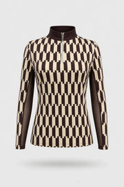 Women's patterned long sleeve golf top in Verona Print design with quarter-zip collar and breathable mesh sleeve panels