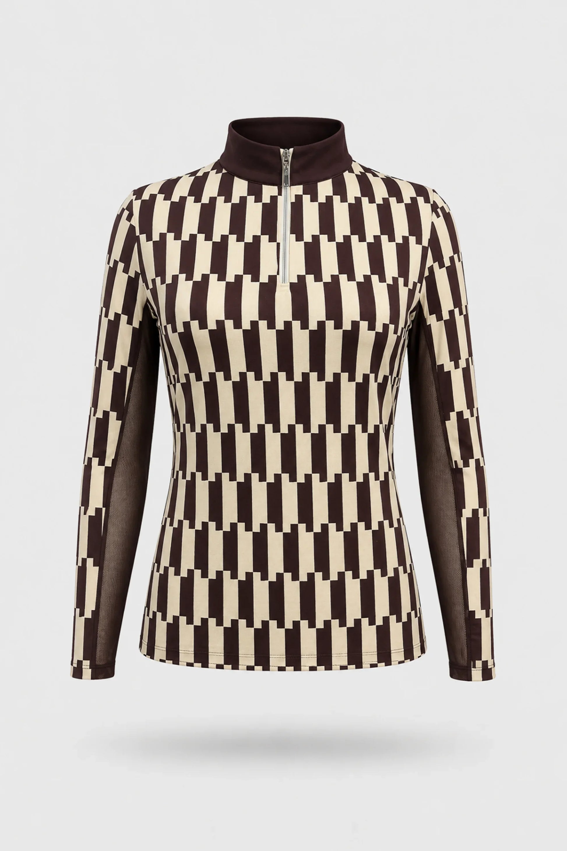 Women's patterned long sleeve golf top in Verona Print design with quarter-zip collar and breathable mesh sleeve panels