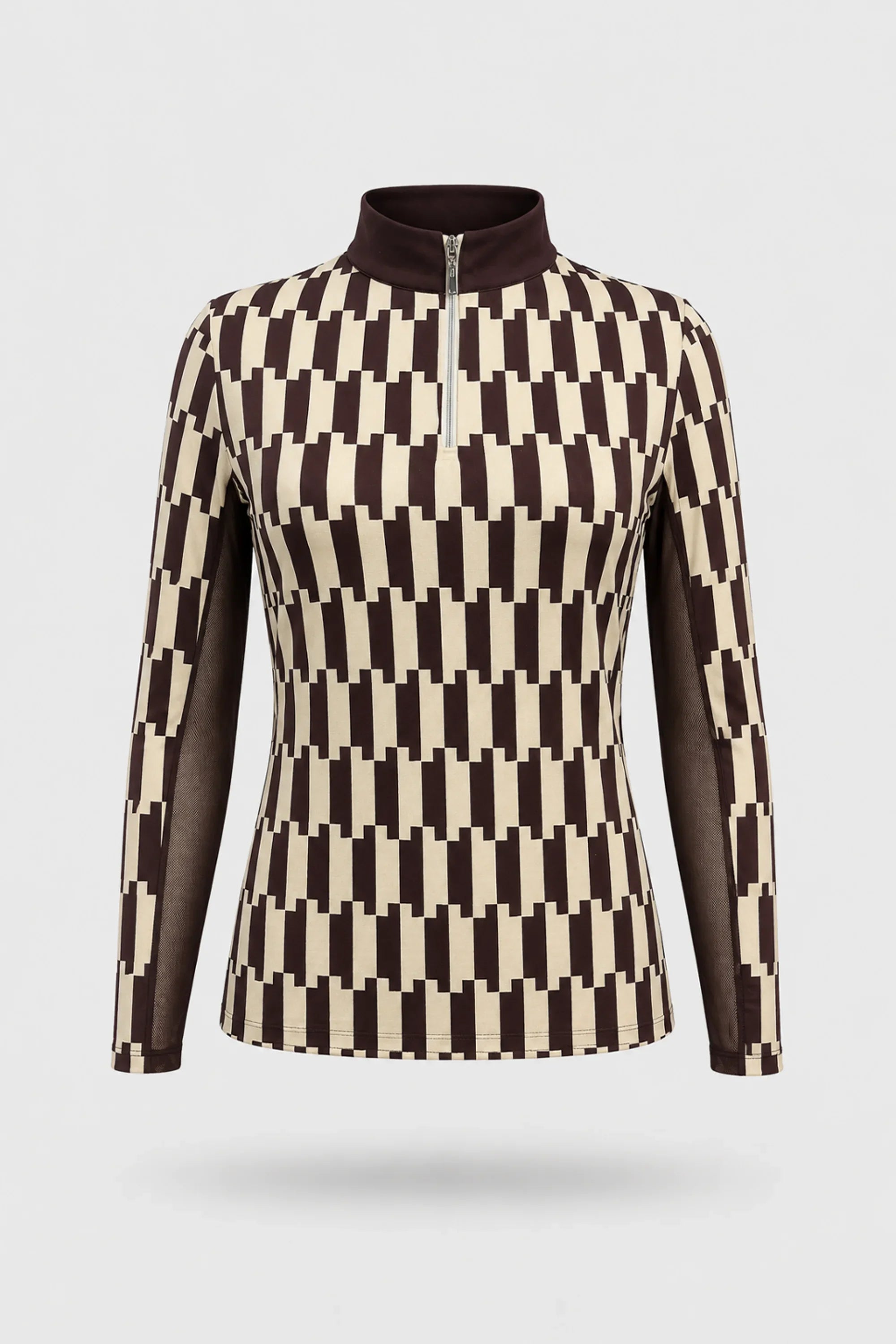 Women's patterned long sleeve golf top in Verona Print design with quarter-zip collar and breathable mesh sleeve panels