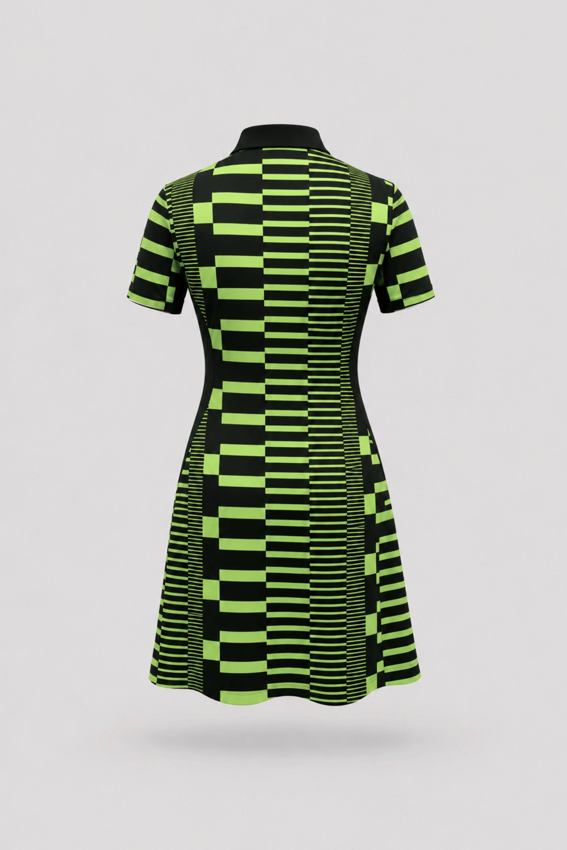 Back view of women's patterned polo golf dress featuring Circuit Stripe design and breathable mesh sleeve panels