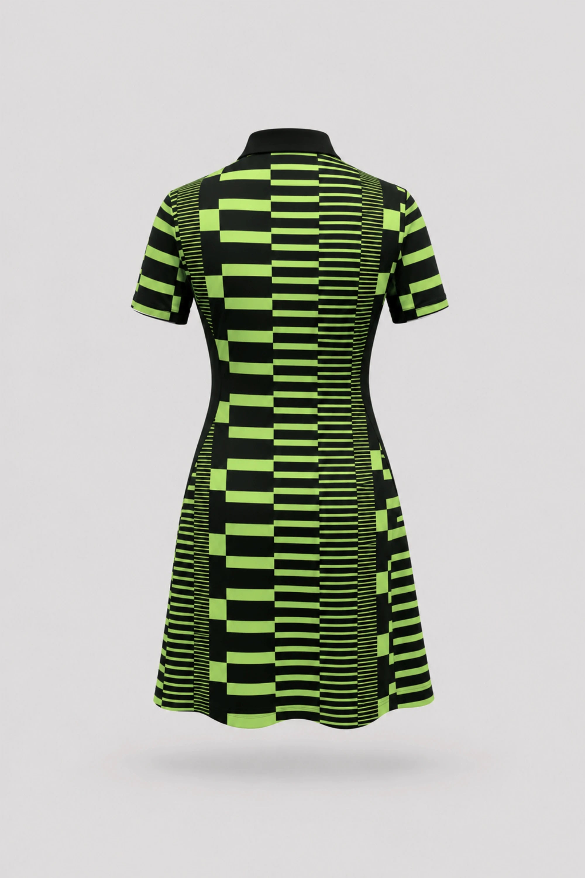 Back view of women's patterned polo golf dress featuring Circuit Stripe design and breathable mesh sleeve panels