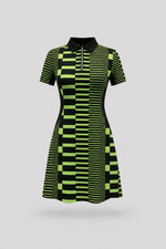 Women's patterned polo golf dress in Circuit Stripe design with zip-front collar and contoured shaping seams