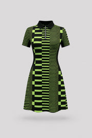 Women's patterned polo golf dress in Circuit Stripe design with zip-front collar and contoured shaping seams