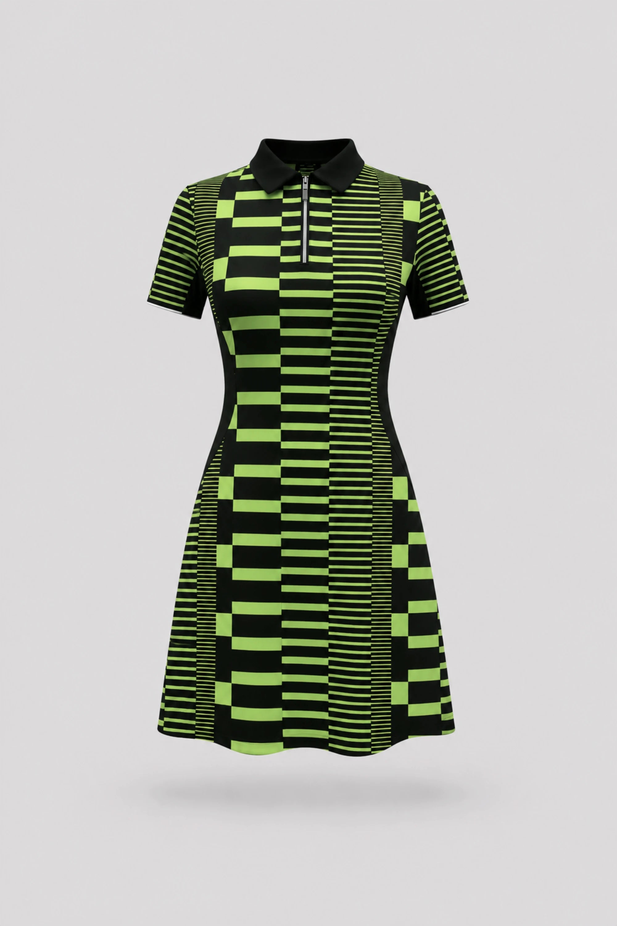 Women's patterned polo golf dress in Circuit Stripe design with zip-front collar and contoured shaping seams