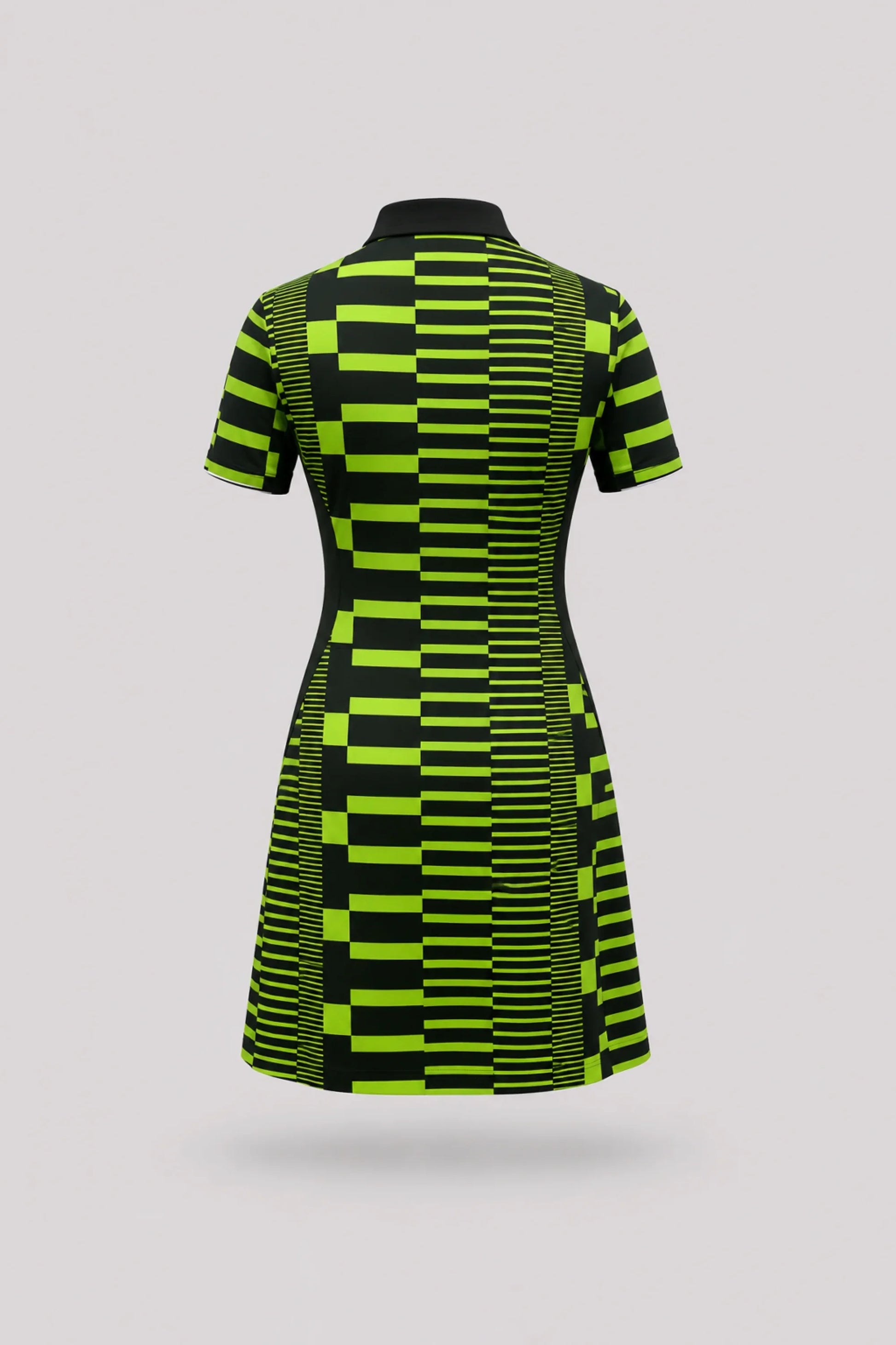 Back view of women's patterned polo golf dress featuring Circuit Stripe design and breathable mesh sleeve panels