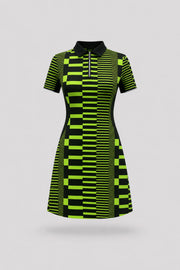 Women's patterned polo golf dress in Circuit Stripe design with zip-front collar and contoured shaping seams