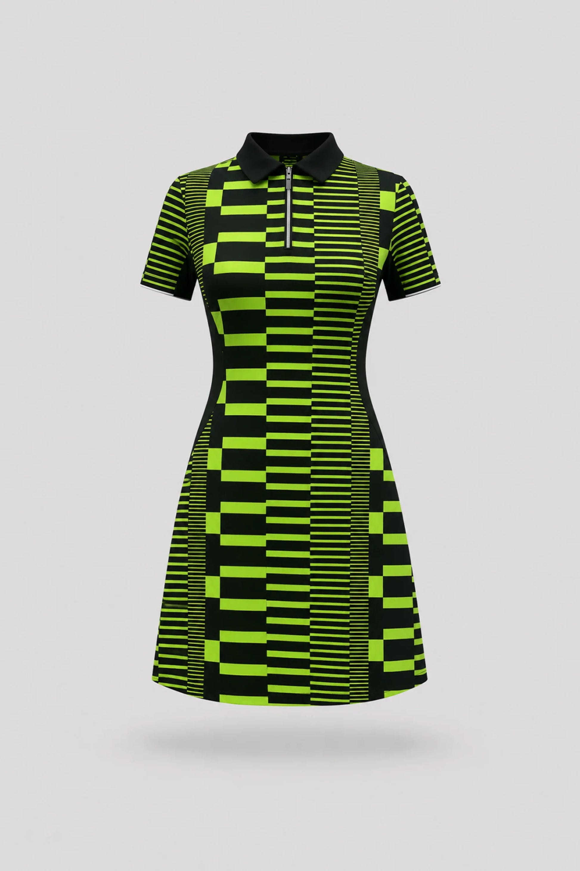 Women's patterned polo golf dress in Circuit Stripe design with zip-front collar and contoured shaping seams