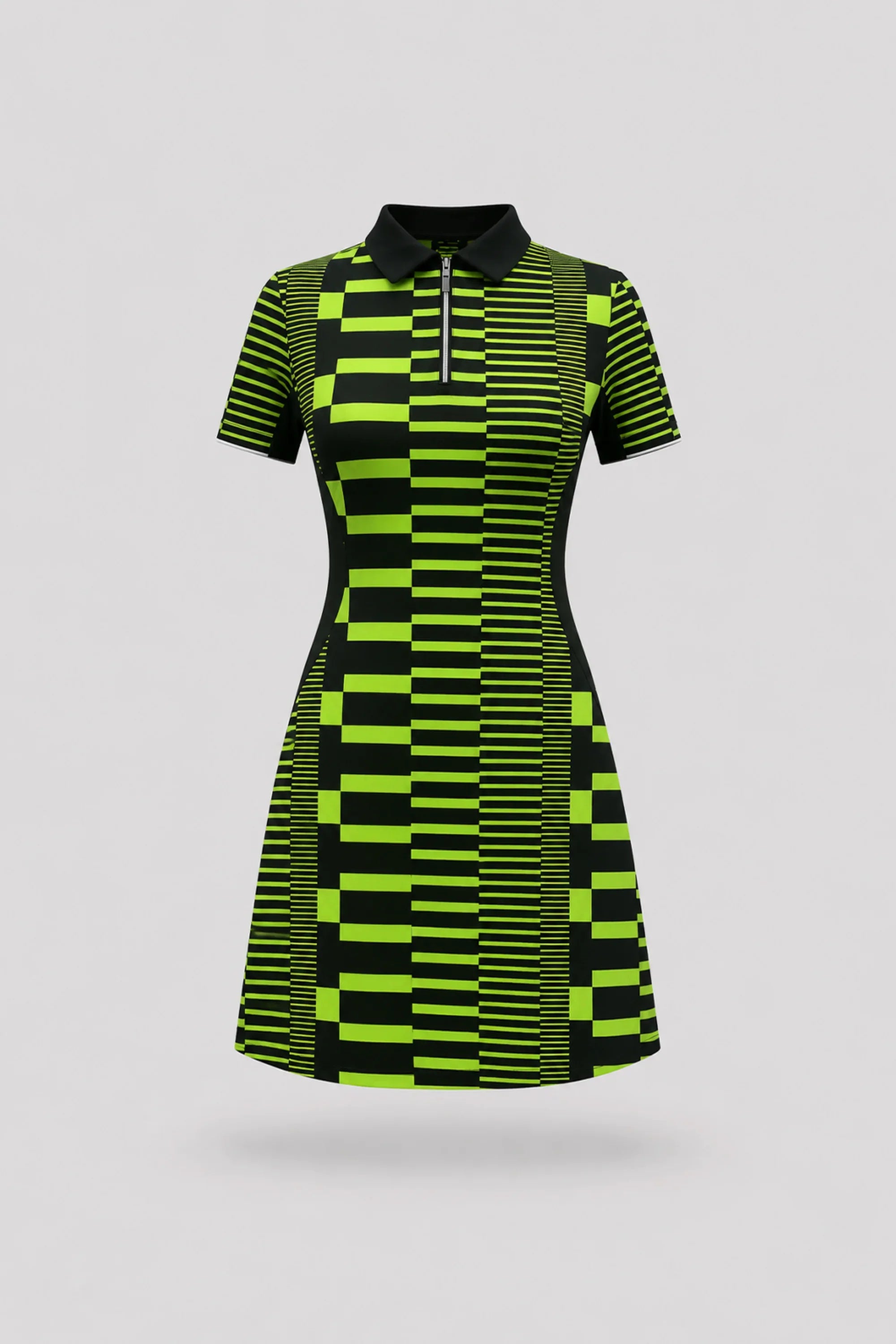 Women's patterned polo golf dress in Circuit Stripe design with zip-front collar and contoured shaping seams