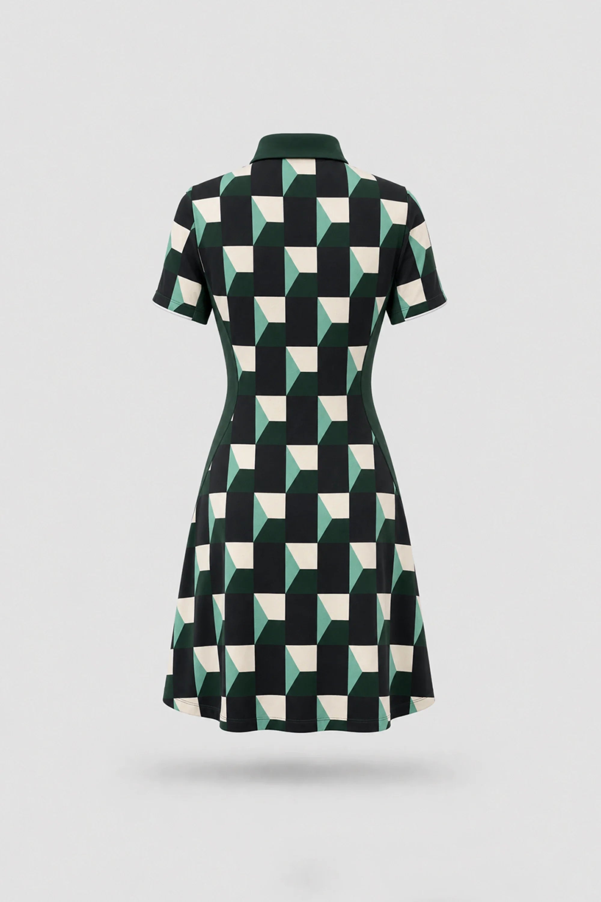 Back view of women's patterned polo golf dress featuring Club Geo design and breathable mesh sleeve panels
