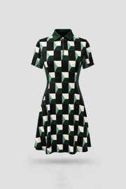 Women's patterned polo golf dress in Club Geo design with zip-front collar and contoured shaping seams