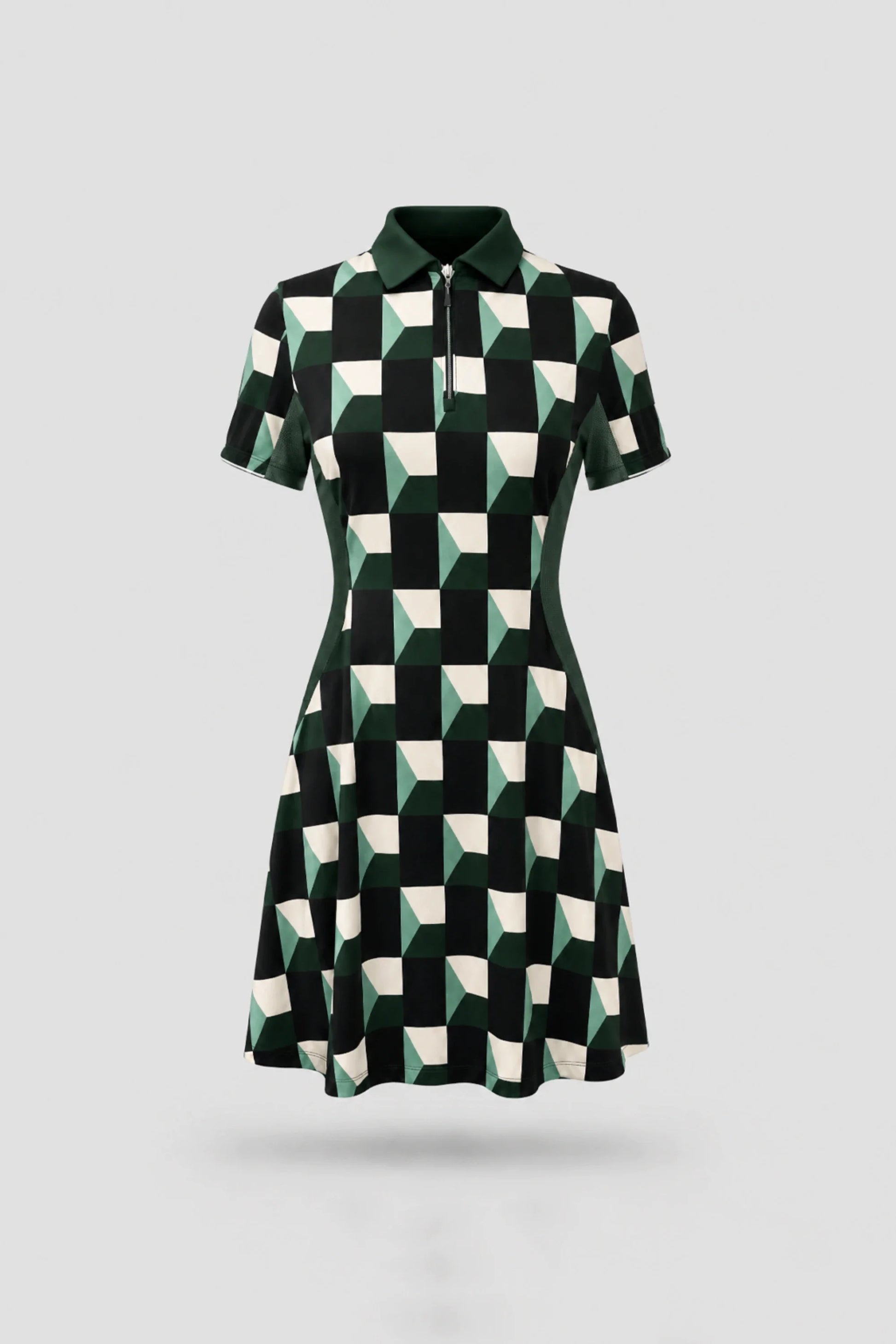 Women's patterned polo golf dress in Club Geo design with zip-front collar and contoured shaping seams