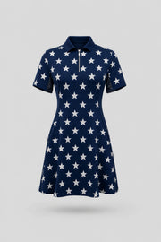 Women's patterned polo golf dress in Starfield print with zip front collar and contoured shaping seams