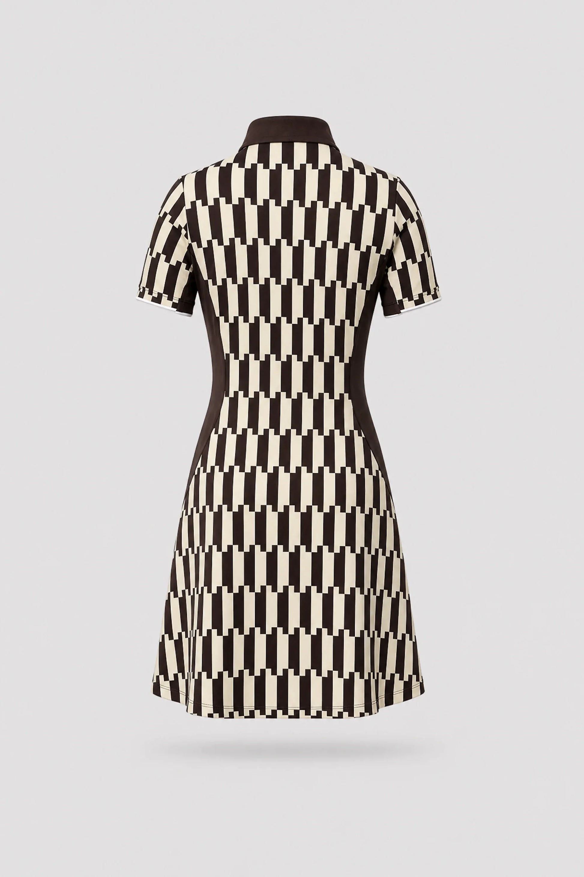 Back view of women's patterned polo golf dress featuring Verona Print design and stretch performance fabric
