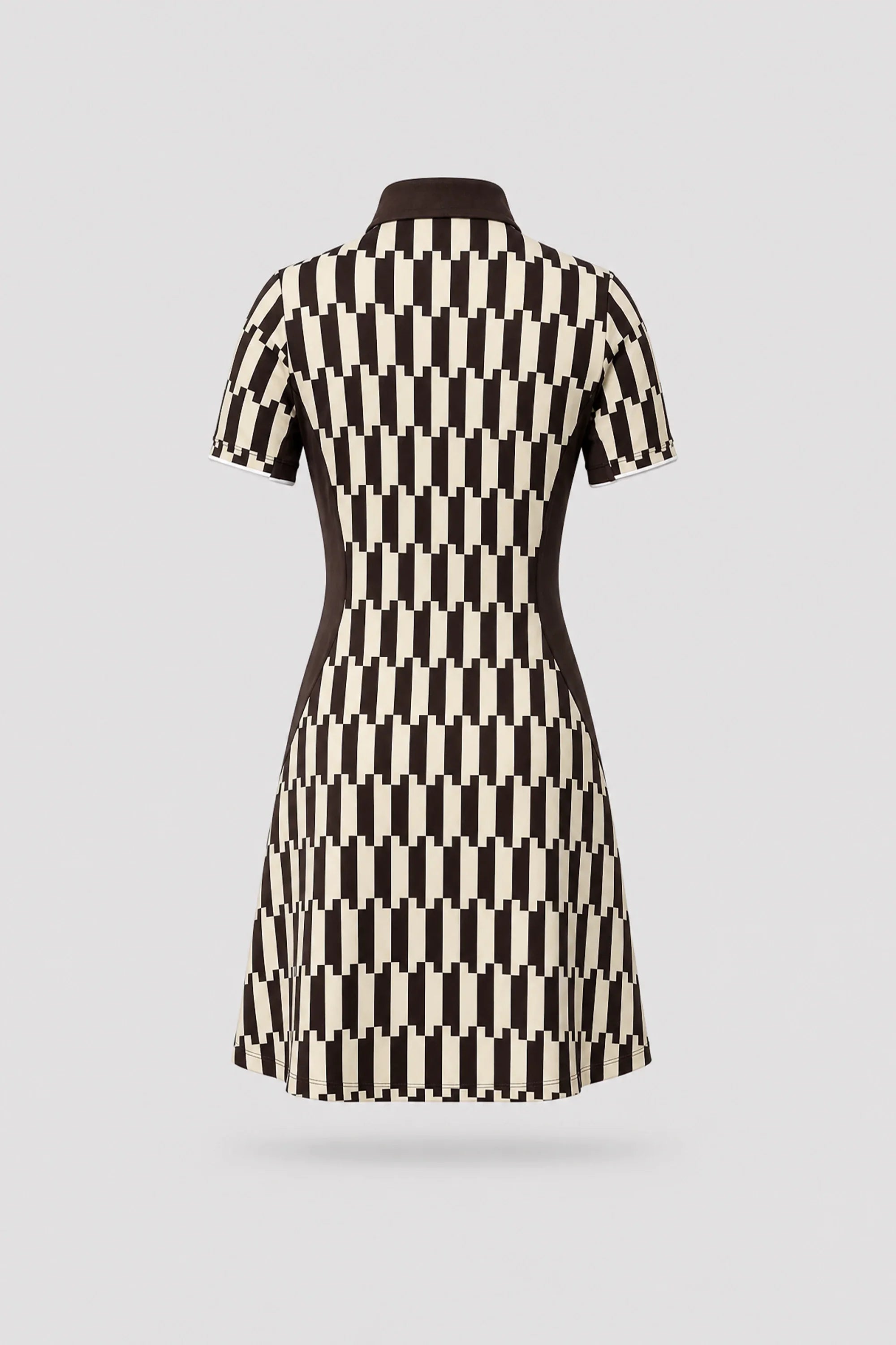 Back view of women's patterned polo golf dress featuring Verona Print design and stretch performance fabric